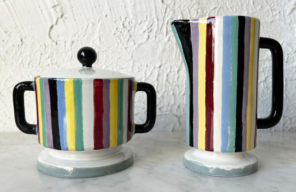 San Polo Venezia Italy 1950s Striped Sugar Bowl Creamer Otello Rosa Mid Century